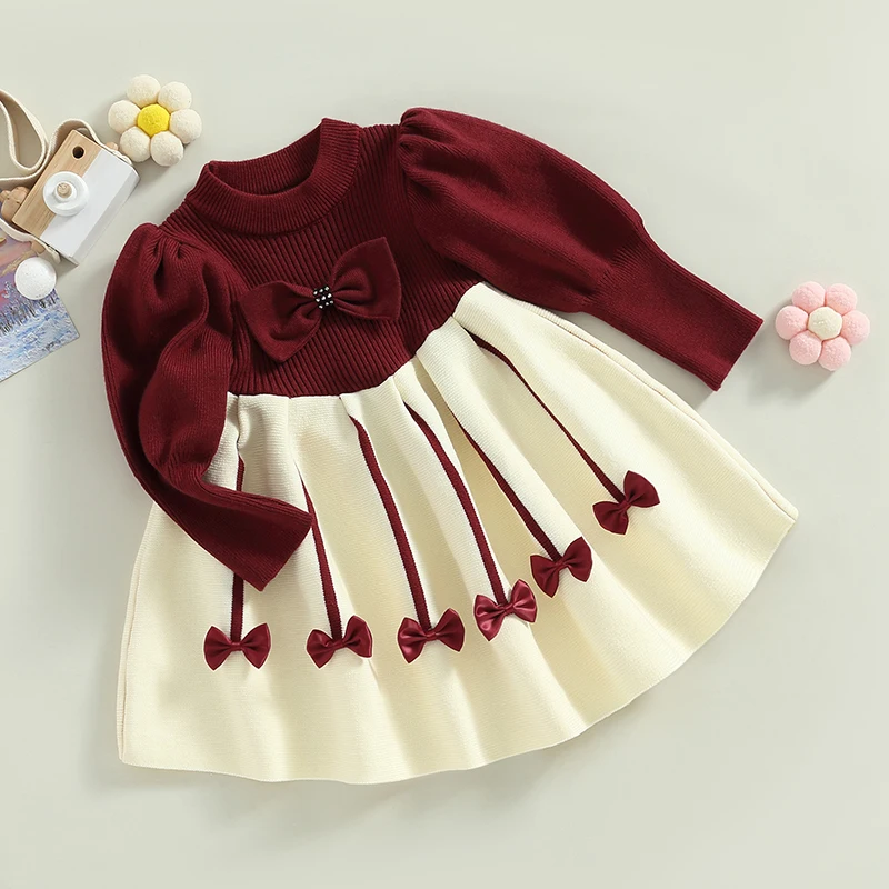 FOCUSNORM 3 Renkler Çocuklar Kız Sonbahar Kış Tatlı Elbise 2-7Y Uzun Puf Kollu Örme İlmek A-Line Kazak Elbise