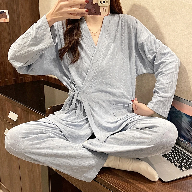 Japon Tarzı Bahar Düz Renk Saf Pamuk Kimono Pijama V Yaka Baskı Artı Boyutu Uzun Kollu Loungewear Kadınlar 2 adet Sleepw