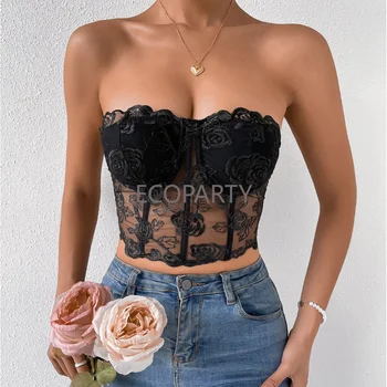 Kadınlar için seksi Çiçek Dantel Sutyen Yelek İç Çamaşırı Siyah Bralette Fransız Korse Sütyen Korse Straplez Kolsuz Streetwear Korse