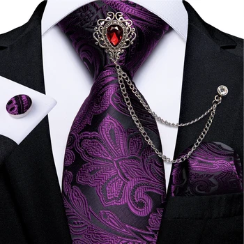 Lüks Mor Paisley ipek kravatlar Erkekler İçin İş Düğün Parti erkek Boyun Kravat Kol Düğmeleri Seti Kırmızı Broş Zincir Hediye erkekler İçin