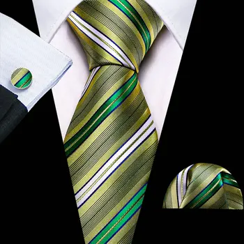 Tasarımcı Yeşil Şerit Bağları Erkekler İçin Klasik İpek Dokuma Jakarlı Mendil Kol Düğmeleri Seti Damat Düğün Parti İş DS-6300
