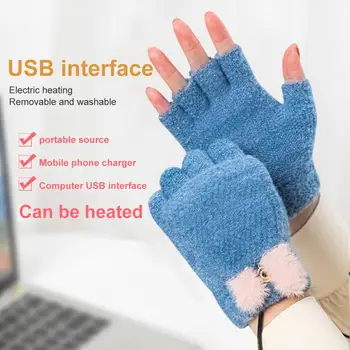Elektrikli ısıtma eldivenleri USB şarj edilebilir erkek kadın yetişkin kış sıcak karikatür örme ısıtma ısınma yarım parmak eldiven