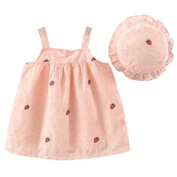 2 Parça Yaz Elbiseler Bebek Kız Giysileri Kore Sevimli Çilek Kolsuz Pamuk Pembe Elbise + Sunhat Yenidoğan Giyim Seti BC523