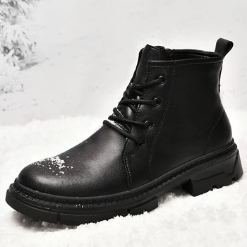 Tüm Siyah Erkek Yüksek top Askeri yarım çizmeler Hakiki deri rahat ayakkabılar Erkekler Yüksek Kaliteli Motosiklet Ayakkabı Peluş Kışlık botlar