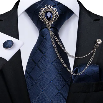 Erkek Bağları 8cm Mavi Ekose İpek Kravat Seti Lüks Broş Zincir Cep Kare Kol Düğmeleri Hediye Erkekler İçin İş Düğün Kravat DiBanGu