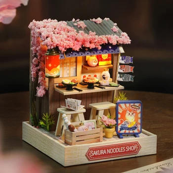 Dıy Ahşap Mini Casa Bebek Evleri Minyatür Yapı Kitleri İle Mobilya Led Sakura Erişte Dükkanı Dollhouse Oyuncaklar Yetişkinler İçin Hediyeler