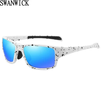 Swanwıck spor güneş gözlüğü polarize erkekler UV400 unisex kare güneş gözlüğü kadınlar için mavi gümüş ayna rüzgar geçirmez PC çerçeve