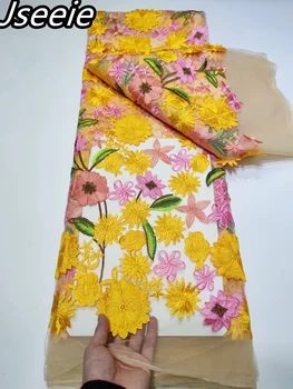 Gençlik Canlılık Parlak Sarı Üç Boyutlu Çiçekler Dantel Örgü Kumaş Basit Moda Zarif Nakış Akşam Elbise Sahne