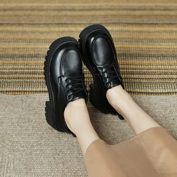 Hakiki Deri İngiliz Tarzı Retro Küçük deri ayakkabı Kadınlar için Bahar Kalın Tabanlı Muffin Lace Up Slip on Lefu Tek ayakkabı