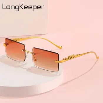 LongKeeper Lüks Marka Tasarımcısı Çerçevesiz Kare Güneş Gözlüğü Kadın Erkek Vintage Popüler Seyahat Metal Leopar Kafa güneş gözlüğü Uv400