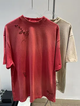 2022 İlkbahar Yaz Yeni Tee Üst Kadınlar Gevşek Sıkıntılı Delik T Shirt Kısa Kollu O-boyun Moda işlemeli tişört