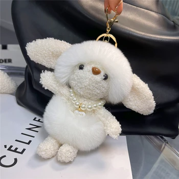 Kadınlar Gerçek Rex Tavşan Kürk Anahtarlık Sevimli Tavşan Oyuncak Çanta Süsler Kolye Peluş Araba anahtarlıklar Kız doğum günü hediyesi Takı Ivır Zıvır