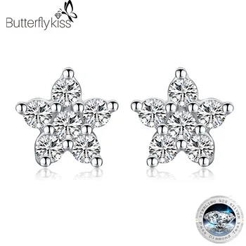 Butterflykıss 925 Ayar Gümüş Moissanite Saplama Küpe 1.2 ct 6 Taşlar Çiçek Kadınlar Küpe İçin Parti Nişan Güzel Takı