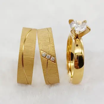 Düğün Nişan Yüzükleri Seti Benzersiz Mat 3 adet Tasarımcı severlerin 24k Altın Kaplama Promise Çiftler Yüzükler Takı bijoux fantaisie