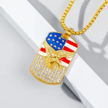 UnisexFashion AmericanFlag Kartal Rhinestone Kakma Kolye Zincir Kolye Hediye Titanyum çelik altın kaplama boya kolye kolye