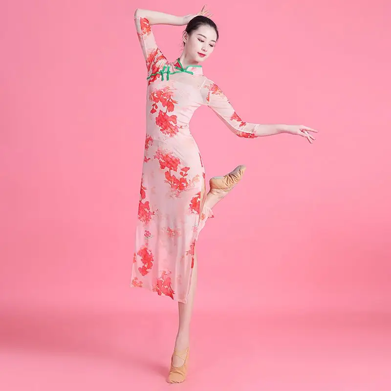 2023 klasik dans cheongsam streç gazlı bez baskılı çin dans eğitimi elbise ulusal dans kostümü uzun cheongsam g775