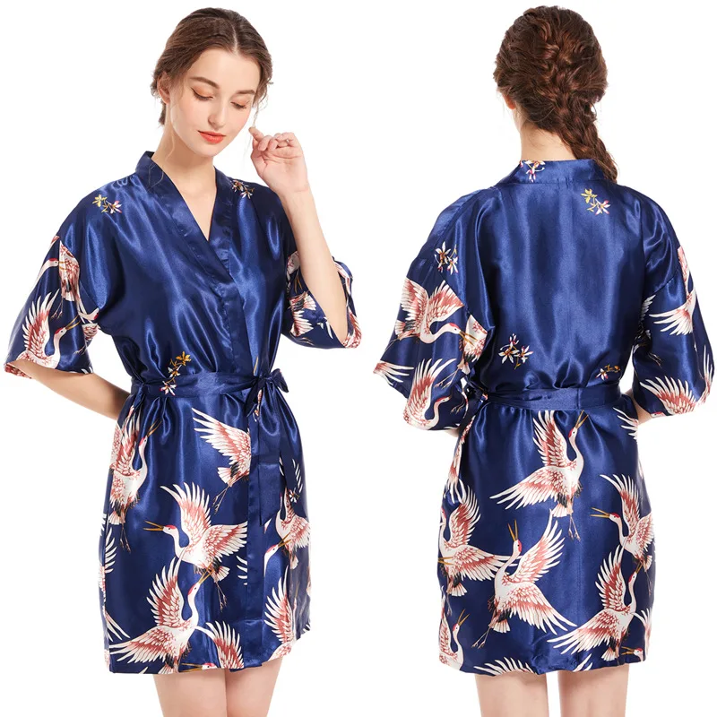 Baskı Vinç Pijama Yaz Kadın 2 ADET Kimono Bornoz Seti Seksi Bornoz Elbisesi Rahat Yarım Kollu Ev Giyim Gecelik
