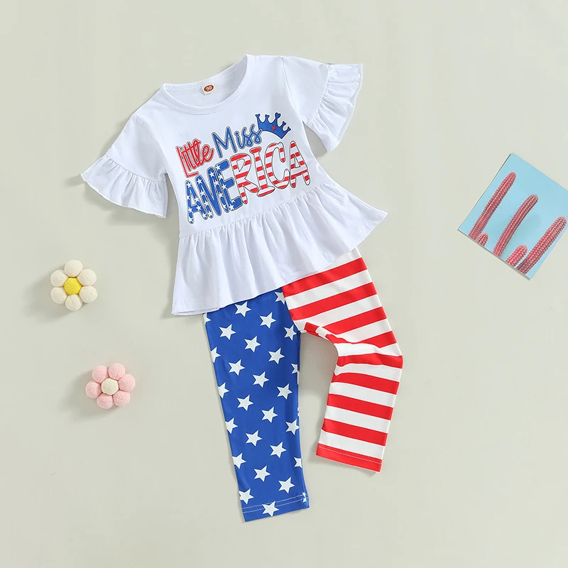 FOCUSNORM 1-6Y Bağımsızlık Günü Çocuk Kız Giyim Setleri Kısa Kollu Mektuplar Baskı Ruffles T-shirt Yıldız Çizgili Flare Pantolon
