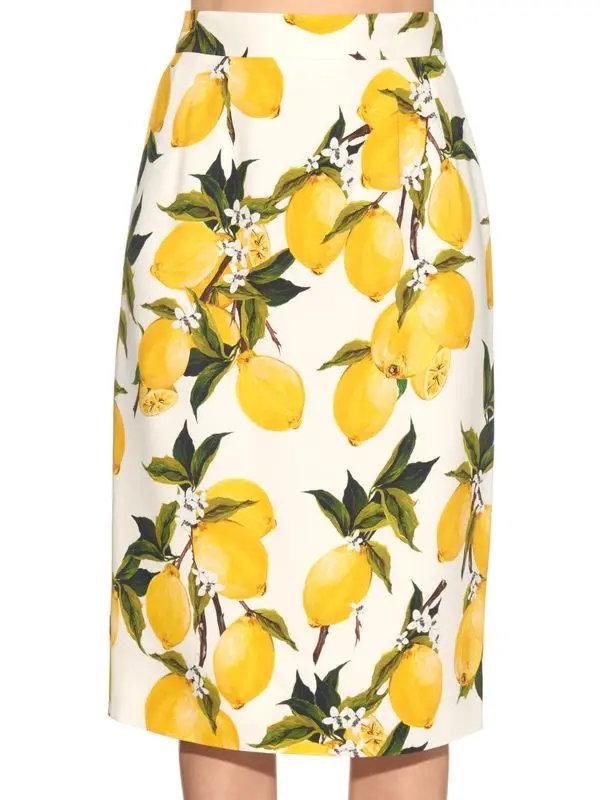 Kadın Limon Çiçek Baskılı Yüksek bel diz boyu krep kalem etek