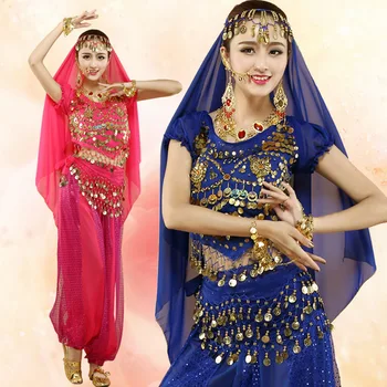 4 adet Kadın oryantal dans kostümü Hint Dansçı Dans Kadın Seti Kostüm Oryantal Dans Giyim Tribal Şifon takım kıyafet Giysileri