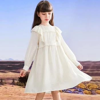 Bahar Kızlar Uzun Kollu Elbiseler Çocuk Pamuk Beyaz Prenses Elbise 6-14Years Uyar