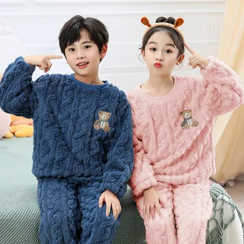 Kış Flanel Pijama Setleri çocuk Pijama Kalın Mercan Kadife Erkek Kız Gecelik Kıyafeti Karikatür Ayı Pijama 2 adet Takım Elbise