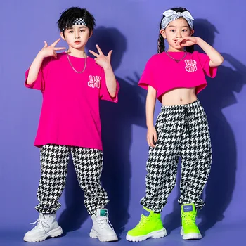 Çocuk Kpop Hip Hop Dans Giyim Gül T Shirt Üstleri Tee Streetwear Ter kot pantolon Kızlar için Caz dans kostümü Sahne Giysi