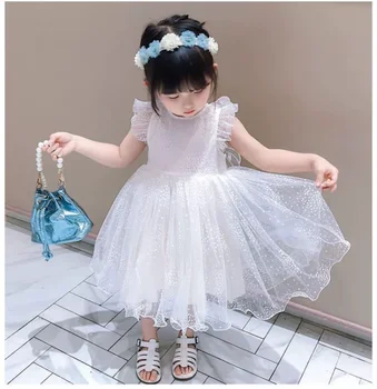 Kız elbise polka dot prenses elbise bebek beyaz gazlı bez elbise Kanatlı beyaz gazlı bez elbise doğum günü partisi hediyeleri 1 - 5T yaz