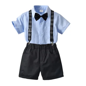 Resmi Pamuk Yaz Beyefendi Seti Çocuk Boys Kıyafet Mavi Tişört + Siyah Şort Askı Çocuklar Düğün Doğum Günü Takım Elbise