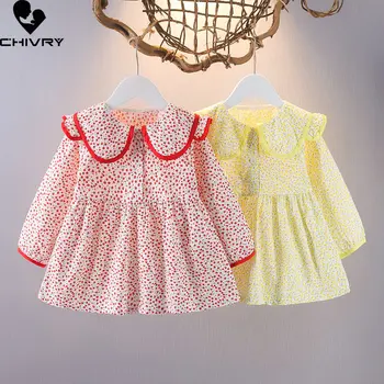 Kız Moda Elbise Yeni 2023 İlkbahar Yaz Bebek Kız Tatlı Nokta Baskı Uzun Kollu Yaka Prenses Elbiseler Çocuk Giysileri Vestidos
