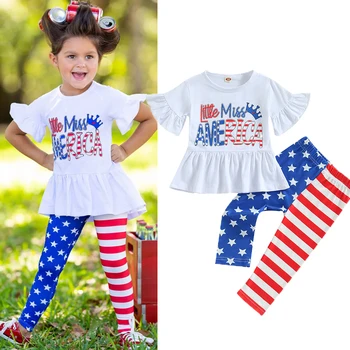 FOCUSNORM 1-6Y Bağımsızlık Günü Çocuk Kız Giyim Setleri Kısa Kollu Mektuplar Baskı Ruffles T-shirt Yıldız Çizgili Flare Pantolon