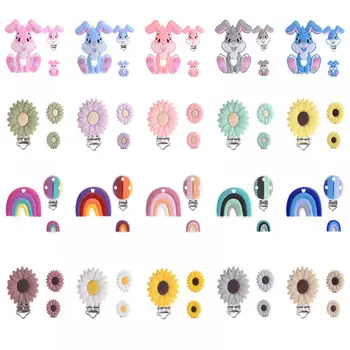 Gökkuşağı Çiçek Tavşan Serisi Silikon Boncuk Klipler Takı Yapımı İçin Bebek emzik klipsi Gıda Sınıfı Diş Kaşıyıcı DIY Emzik Zinciri