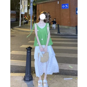 2023 Yaz Bahar İlk Tanışma Yeşil Çiçek kolsuz Bluz Askısı + Kayısı Askısı uzun elbise İki Parçalı Set