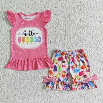 Merhaba Yaz Bebek Kız Giyim Pembe Batik Gömlek Renkli Popsicle Fırfır Şort Kıyafet Toptan Çocuk Butik Çocuk Seti