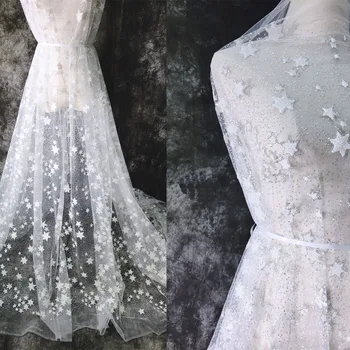 Yeni Pırıltılı Toz Beyaz Gümüş Yıldız Ay Afrika Danteller Kumaşlar düğün elbisesi Pullu örgü kumaş Perde Masa Örtüsü