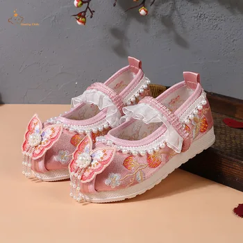 2023 Yeni çocuk Hanfu Ayakkabı İnci Kız Yaz Narin İşlemeli ayakkabı Örgü Bebek Retro Performans Çocuk Moda Nefes
