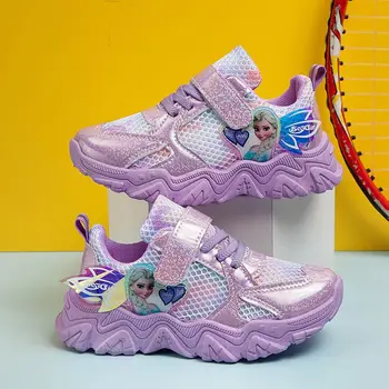 Disney gündelik kız ayakkabısı çocuk spor ayakkabı Prenses Elsa Nefes Örgü Kaymaz Pembe Mor ayakkabı Sneakers Boyutu 26-37