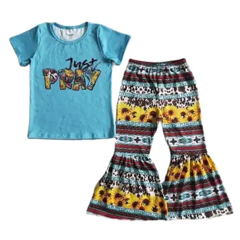 Toddler Batı Sadece Dua Gömlek Giyim Çan Ayçiçeği çizgili pantolon Çocuk Bebek Kız Kıyafet Toptan Moda Çocuk Giysileri