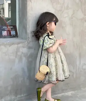 Yaz Yeni Örgü bebek elbise kız giyen çocuklar kıyafet Paneli Baskı Elbise Kız Kısa Kollu Moda Prenses Haşlanmış Elbise