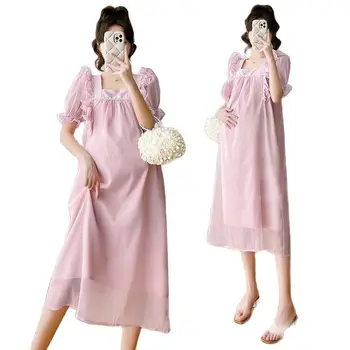 Kore Tarzı Yaz Hamile şifon elbise Ruffled Kare Yaka Puf Kollu Hamile kadın Plaj Elbiseleri Gebelik Giysileri