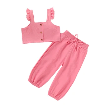 Çocuklar Bebek Kız yaz giysileri Kolsuz Fırfır Düğme Tankı Üstleri İpli Uzun Pantolon Moda çocuk kıyafetleri Giysileri