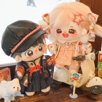 El yapımı 4 adet / takım 20cm oyuncak bebek giysileri Sevimli Çift oyuncak bebek giysileri Hiçbir Özellik Kimono Aksesuar Şapka Ceket Peluş Bebek Kıyafet