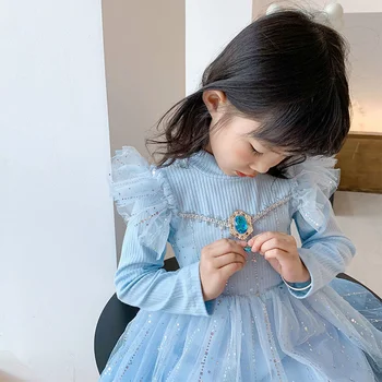 Sonbahar Prenses Parti Dondurulmuş Elbiseler Kız Kabarık Elbise Zarif çocuk Kore Peluş Frocks Küçük Kızlar Giyim Elsa