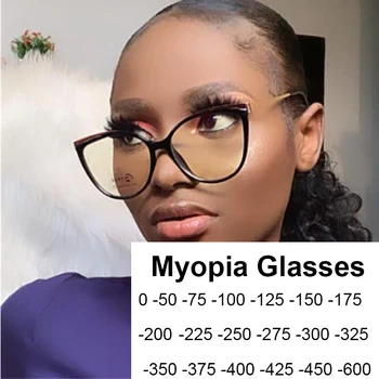 -1.0 -1.5 ila -6.0 Kadın moda Kedi gözü miyopi gözlük Sevimli gözlük Çerçeveleri Öğrenciler Anti mavi ışık Metal şeffaf gözlük