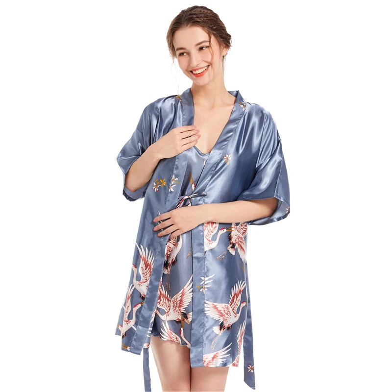 Baskı Vinç Pijama Yaz Kadın 2 ADET Kimono Bornoz Seti Seksi Bornoz Elbisesi Rahat Yarım Kollu Ev Giyim Gecelik
