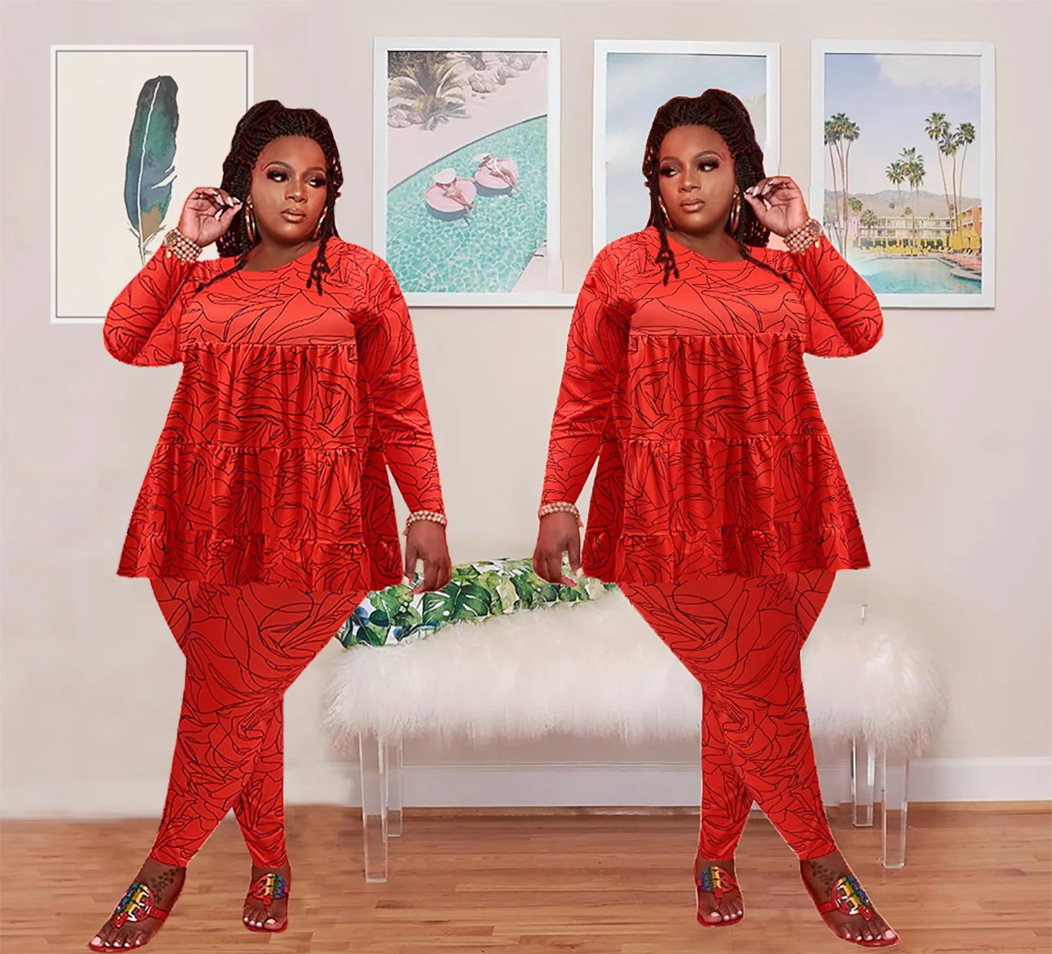 RMSFE 2021 Kadın Uzun Kollu Yuvarlak Boyun Moda Eğlence Kentsel Gevşek Büyük Pantolon İki Parçalı Set