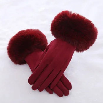 Moda Kadın Kış Sıcak Süet Deri dokunmatik ekran eldiveni Kadın Faux Tavşan Kürk Nakış Artı kadife kalın sürüş eldivenleri H92