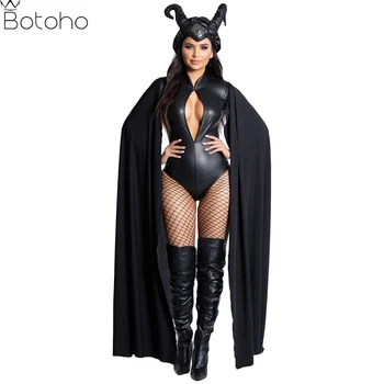 Cadılar bayramı Cadı Şeytan Cosplay Kostüm Kadınlar İçin Yetişkin Siyah Seksi Deri Bodysuit Boynuz Şapkalar Pelerin Seti Karnaval parti giysileri