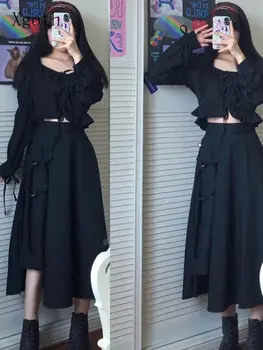 Xgoth Gotik Serin Kadın Takım Elbise Fırfır Sapanlar Kısa Kabarcık Kollu Mahsul Gömlek + Yüksek Bel A-line Kargo Punk Etek Koyu Siyah Setleri