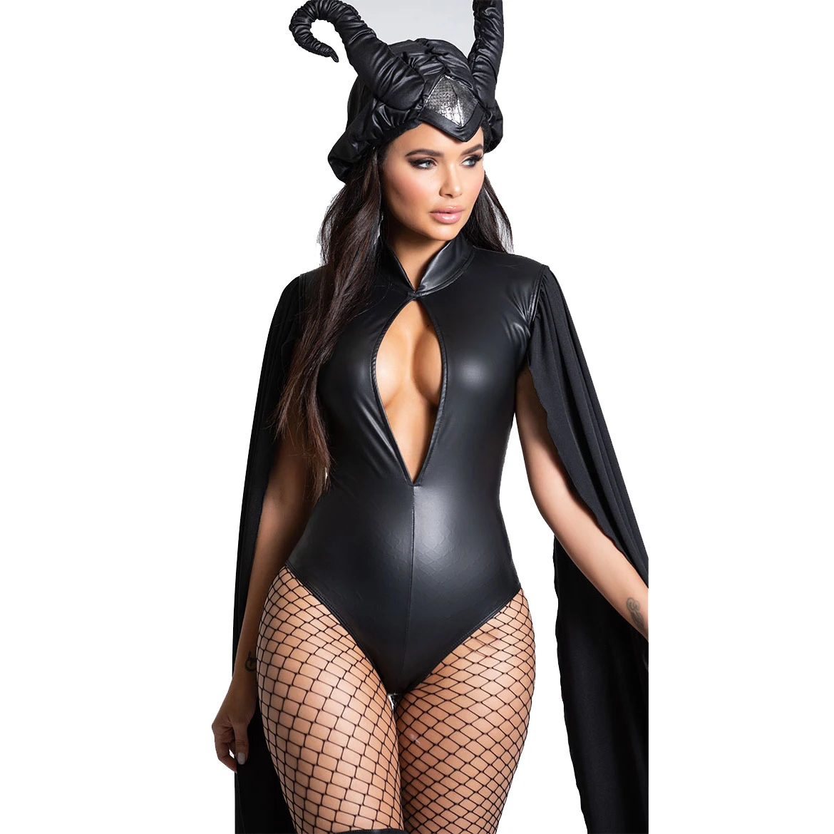Cadılar bayramı Cadı Şeytan Cosplay Kostüm Kadınlar İçin Yetişkin Siyah Seksi Deri Bodysuit Boynuz Şapkalar Pelerin Seti Karnaval parti giysileri